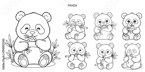 Cute Panda Bear Eating Bamboo Line Art Vector for Kids Coloring Page