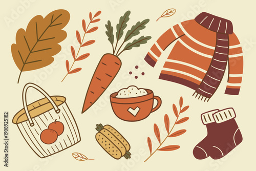 A charming vector set of cozy winter elements, including carrots, leaves, food, and cozy apparel. Perfect for fall designs