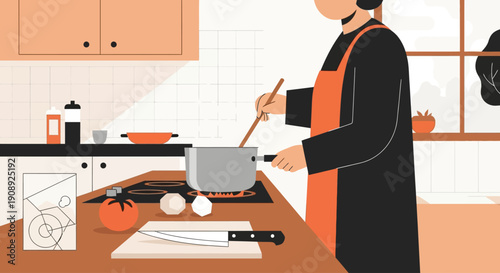 A person cooking in a modern kitchen, stirring a pot on the stove with ingredients like tomato and onions on a cutting board.