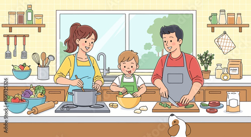 A happy family, including a mother, father, and child, cooking together in a bright kitchen with a dog watching from below.