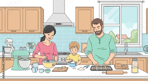 A family of three, mother, father, and young son, happily baking cookies together in a bright, modern kitchen, enjoying a fun culinary activity.
