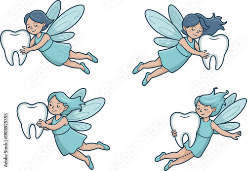 Cute tooth fairy illustration set with flying fairy holding tooth, children’s dental character, cartoon bedtime fairy art