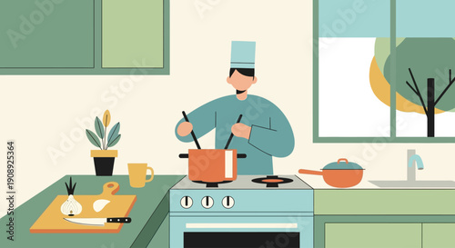 A chef in a blue uniform is cooking in a modern kitchen with a stove and a window.