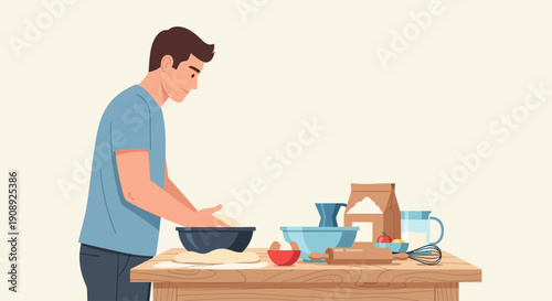 A man is kneading dough in a bowl on a wooden table with baking ingredients around him.