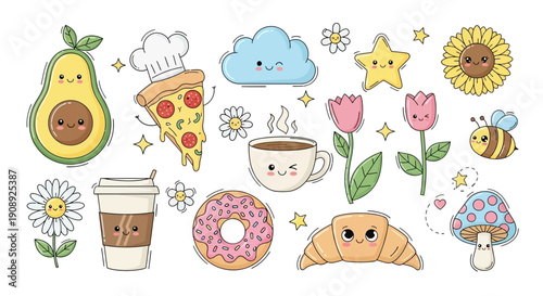 A collection of cute kawaii-style cartoon illustrations featuring various food items, nature elements, and everyday objects with happy faces.