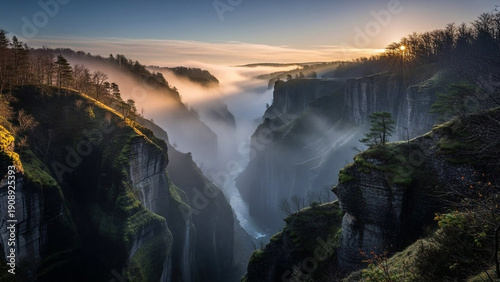 Majestic Morning Mist in a Deep Mountain Canyon Illuminated by Golden Sunrise Light, Revealing Ancient Forests and Rugged Cliffs
