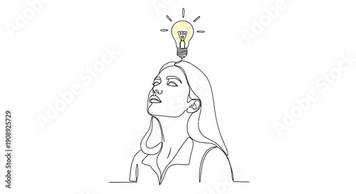 Woman with lightbulb over head, symbol of idea and creativity, one line drawing.