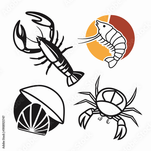 Seafood icons featuring crustaceans and mollusks Vector