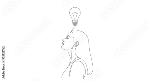 Profile of a woman with closed eyes and a lightbulb above, symbolizing thought.