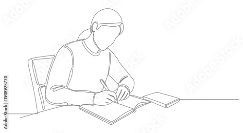 Student studying at a desk, writing in notebook, one line drawing style.