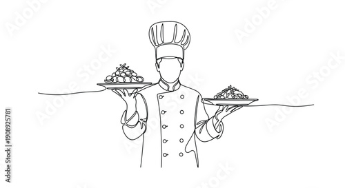 Chef holding two plates of food, serving delicious meals, line art illustration.