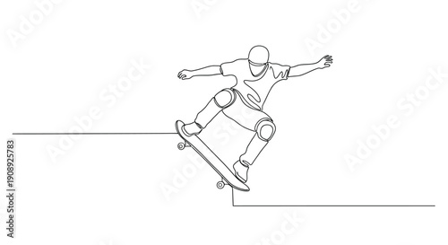 Skater in action on a ramp, dynamic pose, continuous line art.
