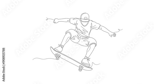 Skateboarder performing trick mid air, dynamic action, one line drawing.