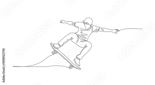 Skateboarder in motion, carving a line, dynamic perspective, one line drawing.