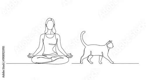 Woman meditating with cat, peaceful coexistence, yoga, line art illustration