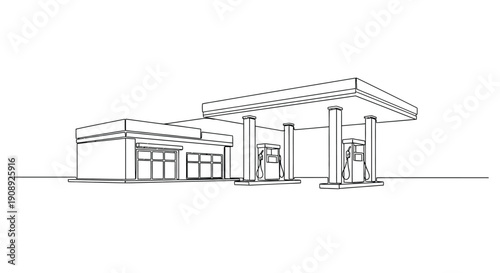 Gas station, minimalist line drawing, convenience, travel, isolated on white