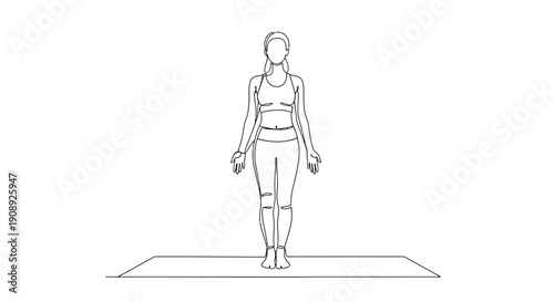 Woman standing in yoga pose, Tadasana, balanced, calm, line art illustration