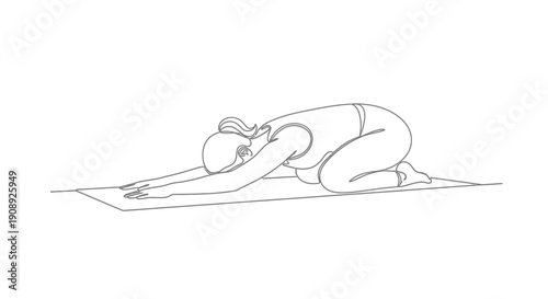 Woman in Child's Pose, yoga, relaxation, comfort, single line drawing
