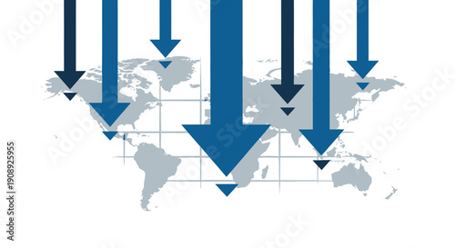 Global Downward Trend Arrows on World Map