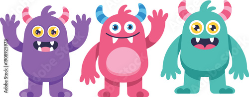 Cute friendly monster characters waving, colorful cartoon creature set for kids, nursery illustration, stickers, games and educational design