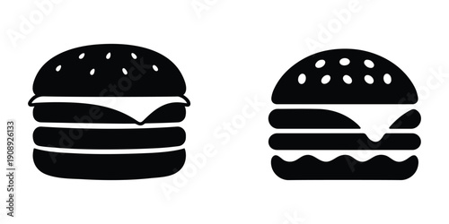 Burger fast food icon set, minimal silhouette illustration.