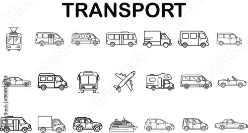 Black and White Vector Transport Icons Set – Cars, Buses, Trucks, Vans, Airplanes, Boats – Minimalist Line Art Collection for Travel, Logistics, and Mobility Design
