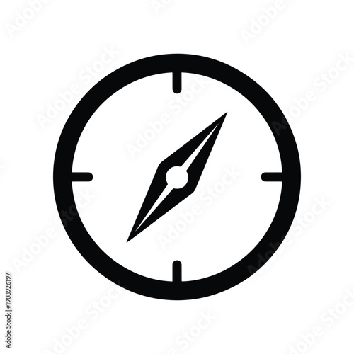 A black and white icon of a compass in a circle, representing direction and navigation for exploration and guidance
