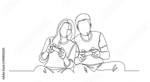 Couple Playing Video Games Together, Connected by Single Line Art Style