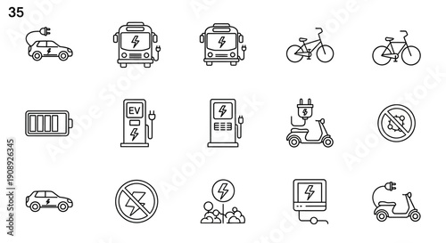 Electric transport and energy icons for sustainable mobility and green technology concepts
