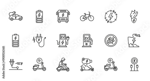 Clean energy transport icons pack showing electric vehicles, charging infrastructure, and power sources