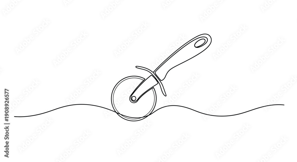 Obraz premium Single line drawing of a pizza cutter on a wavy line.