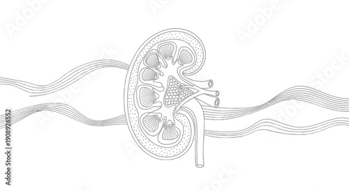 Single line drawing of a cross section of a kidney.