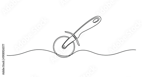 Single line drawing of a pizza cutter on a wavy line.