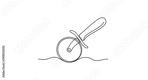 Single line drawing of a pizza cutter on a wavy line.
