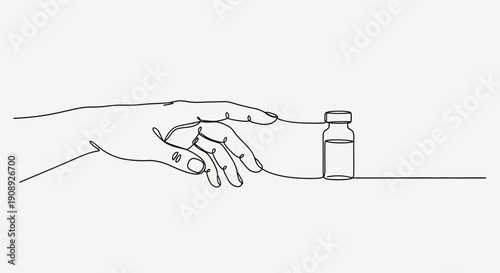 Hand reaching for a small vial, continuous line art