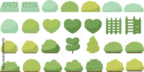 Cartoon garden bushes and hedge elements set featuring heart shaped shrubs, green plants, fences, and decorative landscape design assets