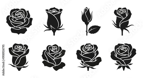 A collection of eight black silhouettes depicting roses in various stages of bloom and bud formation high quality professional