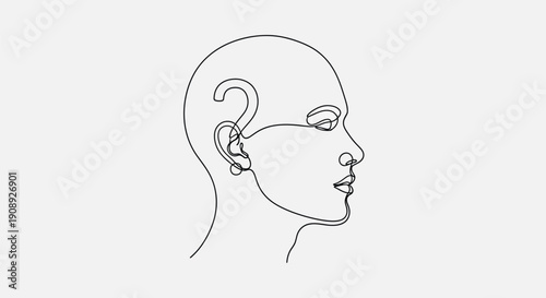 Profile of a bald head with a question mark in the ear, line art