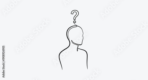 Person with a question mark above their head, single line drawing