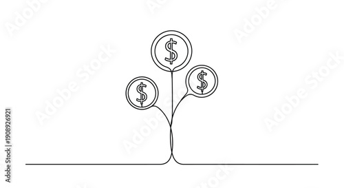 Money tree with dollar coins, continuous line drawing