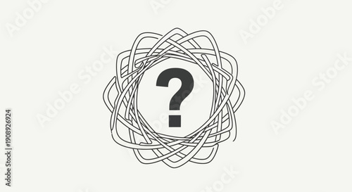 Complex tangled knot with a question mark inside, line art