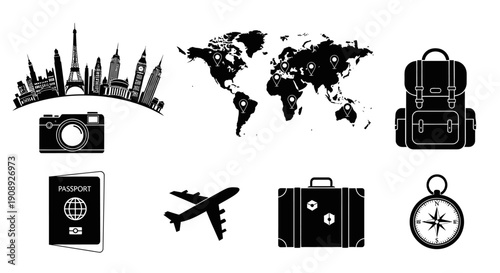 A collection of black silhouette icons representing travel including landmarks a world map and essential items high quality professional