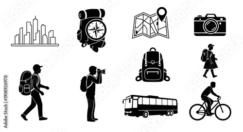 A collection of black silhouette icons depicts travel elements like landmarks gear and various transportation methods high quality professional