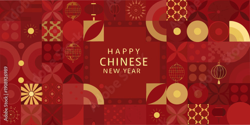 A vibrant geometric pattern celebrating the happy chinese new year