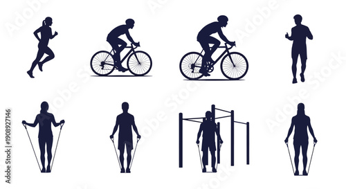 Silhouettes depict various outdoor fitness activities including running cycling jump rope and calisthenics high quality professional detailed modern elegant