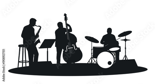 A striking black silhouette depicts a jazz trio performing on stage with a saxophone bass and drums high quality