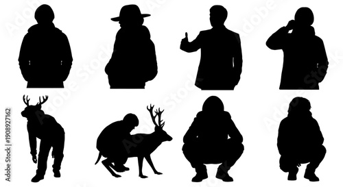 A collection of black silhouettes depicts people in various poses alongside deer and animal figures high quality professional detailed