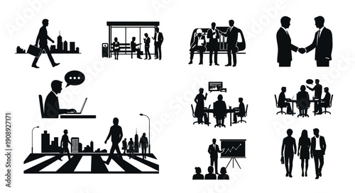 A collection of black silhouette icons depicting various business scenarios including meetings presentations and networking high quality professional detailed