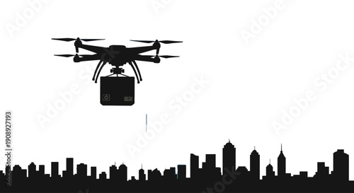 A sleek black drone carries a package over a silhouetted cityscape illustrating modern delivery technology and urban innovation