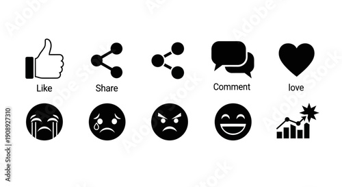 A collection of various black silhouette social media icons representing reactions and engagement options high quality professional detailed modern